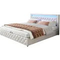 Produktbild: OKWISH Polsterbett 160x210 mit LED-Beleuchtung Stauraum ,Boxspringbett Optik ,Kunstleder Bettgestell,Modernes Bett mit Kopfteil LED Licht Weiß