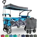 Produktbild: IMLEX Bollerwagen faltbar mit Dach IM-4268 Azurblau | Hohe Stabilität | 1X 3-Punkt Gurtsystem | Handwagen klappbar mit Schiebegriff ideal für 2 Kinder