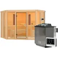 Produktbild: Karibu Multifunktions-Sauna Asta inkl. Infrarotstrahler mit Eckeinstieg 68 mm Ohne Dachkranz 9 kW Bio-Kombiofen inkl. Steuergerät