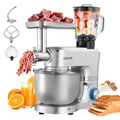 Produktbild: VEVOR multifunktionale Küchenmaschine elektrisch 1500 W mit Edelstahlschüssel (6 L) & Mixbecher (1,5 L), Knetmaschine Teigmixer mit 6+P Geschwindigkeiten & Knethaken & Schneebesen & Rührbesen