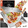 Produktbild: KESSER Grillplatte Plancha aus Edelstahl mit Deckel hitzebeständig bis 800°C (inklusive 2 Spatel, Grillschürze, Grillmatte & Rezeptbuch), Grill Platte für Gas- & Holzkohlegrill mit Fettablauf & Anti-Stick silberfarben Plancha Set mit Deckel