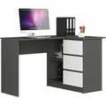 Produktbild: Eck-Schreibtisch AKORD B16 rechts in der Farbe Graphitgrau mit 3 Schubladen Front Weiß und 2 Ablagen B124 x H77 x T85 cm