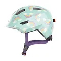 Produktbild: ABUS Kinderhelm Smiley 3.0 LED - Fahrradhelm mit Licht - tiefe Passform & Platz für einen Zopf - für Mädchen und Jungs - Hellblau mit Regenbogen-Muster, Größe S