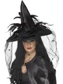 Produktbild: Smiffys Hut Hexe, Schwarz, mit Federn und Netz, Deluxe Halloween