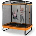 Produktbild: COSTWAY 2 in 1 Kindertrampolin mit Schaukel, Gartentrampolin rechteckig mit Sicherheitsnetz & Randabdeckung, Indoor-/Outdoortrampolin für Kinder b... - Schwarz/Orange