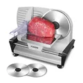 Produktbild: FOHERE Allesschneider Elektrischer, Brotschneidemaschine mit einstellbare Schnittstärke(0-15mm), 200W Wurstschneidemaschine, 2 * 19cm Edelstahl-Rundmesser, Schinkenschneider, Sicherheitsschutz