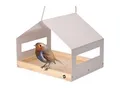 Produktbild: WONDERMAKE® Großes Design Vogelhaus aus Metall und Holz wetterfest zum Aufhängen, modernes Vogelfutterhaus XL Metalldach hängend, Vogelhäuschen Futterhaus für Vögel, Edelstahl Kiefer, grau-beige