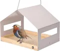 Produktbild: WONDERMAKE® Großes Design Vogelhaus aus Metall und Holz wetterfest zum Aufhängen, modernes Vogelfutterhaus XL Metalldach hängend, Vogelhäuschen Futterhaus für Vögel, Edelstahl Kiefer, grau-beige