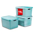 Produktbild: astor24 PREMIUM 3er XXL Set Aufbewahrungsbox Korb mit Deckel Organizer Ideal für Büro,Kleiderschrank, Schrank, Küche & Haushalt (Aquamarin, 3er Set 19 Liter)
