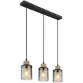 Produktbild: Pendellampe Esstischleuchte Hängelampe Wohnzimmer 3 flammig, Metall schwarz Holz braun Glas rauch, 3x E27, LxH 55x 120 cm