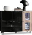 Produktbild: Vladon Sideboard Denjo, Germany, Kommode mit 3 Türen, Schwarz matt/Schwarz Hochglanz/Eiche Nordic, inkl. LED-Beleuchtung (107 x 81 x 35 cm)