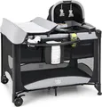 Produktbild: COSTWAY 5 in 1 Babybett, faltbares Babyreisebett mit Wickeltisch & Wiege, 2 Ebenen Babyspielbett mit Spielzeug & Matratze & Aufbewahrungskorb & Tragetasche & Rollen, 45kg belastbar, Schwarz
