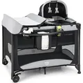 Produktbild: COSTWAY 5 in 1 Babybett, faltbares Babyreisebett mit Wickeltisch & Wiege, 2 Ebenen Babyspielbett mit Spielzeug & Matratze & Aufbewahrungskorb & Tra... - Schwarz
