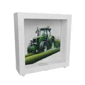 Produktbild: Traktor bei der Feldarbeit Rahmen Spardose aus Holz Neuer Trecker Sparschwein Grüner Traktor fährt über Feld Landwirtschaftliche Acker-Arbeit Agrarmaschine Fahrzeug Motiv