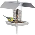 Produktbild: Vogelfutterhaus Edelstahl, Vogelfutterspender Zum Aufhängen, Mit Erdspieß, Futterstelle Für Wildvögel, Silber - Relaxdays