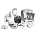 Produktbild: Bosch Küchenmaschine Serie 4, integrierte Waage, Mixer 1,25 L, Edelstahl-Schüssel 3,9 L, Profi-Knethaken, Schnee-, Silikonbesen, Durchlaufschnitzler, 4 Scheiben, 1000 W, weiß, MUM5XW20