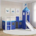 Produktbild: Hochbett 90x200 Kinderbett mit Rutsche Weiß Holz Massiv Turm Blau Homestyle4u