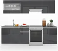 Produktbild: Küchenzeile Vicco Raul Anthrazit Hochglanz/Weiß 240 cm , AP Schwarz mit LED-Leisten, Model 51902