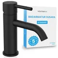 Produktbild: Bächlein Badarmatur Susara mit gebogenem Auslauf, Design Einhebelmischer mit langlebiger Keramikkartusche und Montage-Set, Bad Wasserhahn Matt Schwarz