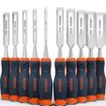 Produktbild: Presch Stechbeitel Set für Holz 10tlg. - Fertig geschliffene Stechmmeisen (6, 10, 12, 16, 18, 20, 24, 26, 32, 38mm) - Profi Stecheisen mit 25° Keilwinkel und robuster Metallschlagkappe