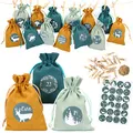 Produktbild: Papierdrachen Adventskalender 2025 - Stoffsäckchen (24 St.) in Petrol mit Zahlenaufklebern - Stoffbeutel zum Befüllen & Dekorieren - Geschenkidee