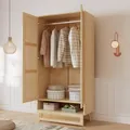 Produktbild: Flieks Kleiderschrank Garderobenschränke mit Stange, Schrank Garderobe mit Flip-Top-Deckel, Rattan 2-türig Schrank mit Schublade, Naturbelassen