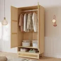 Produktbild: Flieks Kleiderschrank Garderobenschränke mit Stange, Schrank Garderobe mit Flip-Top-Deckel, Rattan 2-türig Schrank mit Schublade, Naturbelassen - Naturbelassen