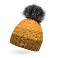 Produktbild: Neverless® Damen Strick-Mütze gefüttert Fleece-Innenfutter Fell-Bommel Kunstfell Winter-Mütze Bommelmütze Grobstrick Mehrfarbig dunkelgelb-gelb