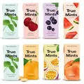 Produktbild: True Mints - PROBIERSET - 7 Sorten | 2x Minze | 1x Johannisbeere | 1x Kirsche | 1x Orange | 1x Wassermelone | 1x Pfirsich | 1x Passionsfrucht - pflanzliche und zuckerfreie Pastillen, 8 x 13g