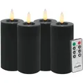 Produktbild: Candela LED Kerzen 4er Set H:10xØ5cm Winter schwarz glatt Echtwachs mit Fernbedienung Timer Funktion & mehrstufig dimmbar flammenlos Echtwachskerzen Stumpenkerze