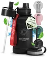 Produktbild: BeMaxx Trinkflasche Edelstahl ACTIVE FLASK + Strohhalm (3 Deckel) | Große 1,3 Liter Sportflasche BPA-frei Auslaufsicher Kohlensäure geeignet, 2l XL Wasserflasche Sport Outdoor Fitness Wasser Flasche