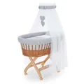 Produktbild: FabiMax Stubenwagen Natur Komplettset mit Matratze, Musselin-Schlafsack oder Bettwäsche, Himmel & Weidenkorb (Decke/Kissen, Grau)