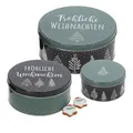 Produktbild: Spetebo Metall Gebäckdose 3er Set grün - FRÖHLICHE WEIHNACHTEN - Runde Keks Dosen ineinander stapelbar - Plätzchen Keks Gebäck Vorrats Geschenk Dose ineinander stapelbar