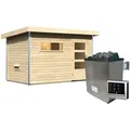 Produktbild: Karibu Gartensauna Pultdach Saunahaus Skrollan 1 mit Vorraum-9 kW Ofen inkl. Steuergerät-Moderne Saunatür (Klarglas) inkl. 10-teiligem gratis Saunaset im Wert von 232,94 €