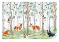 Produktbild: WallArena - Vlies Fototapete Kinderzimmer 254x184 cm Wald Tiere Mädchen Kinder Bäume Skandinavisch Babyzimmer - Fototapeten Tapeten für Kinder Kindertapete - Vliestapete Wandtapete Tapete 3D Effekt