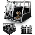 Produktbild: Juskys Alu Hunde-Transportbox XL - 96 × 90 × 71 cm – Auto Hundebox robust & pflegeleicht – 2 Gittertüren verschließbar & Trennwand - Reiseb... - Silber/Schwarz