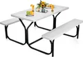 Produktbild: COSTWAY Bierzeltgarnitur, Picknicktisch & 2 Sitzbänke mit Metallrahmen, Campingtisch Set Festzeltgarnitur für Terrasse, Garten, Pool, 137 x 150 x 72 cm (Weiß)