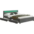 Produktbild: Led Polsterbett Lyon Mit Bettkasten – Bettgestell Aus Holz & Kunstleder Mit Lattenrost – Doppelbett Schlafzimmer Möbel – 180 X 200 Cm - Grau - Juskys