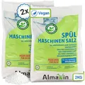 Produktbild: AlmaWin® Spülmaschinen Salz [2x 2kg] zum Schutz vor Kalkablagerungen & Wasserflecken - Geschirrspüler Salz für optimale Spülergebnisse - Regeneriersalz, Spezialsalz - 100% Natürlich, Bio & VEGAN
