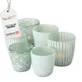 Produktbild: TOPANBIETER 999 6 x Teelichthalter, Windlicht 6er Set - 3 Motive - 2 Größen- Höhe 6,5/8,5 cm- grün/weiß - Teelicht-Gläser Windlichter Dekoglas für Kerzen & Teelichter, Tischleuchten, Kerzenständer