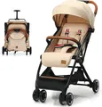 Produktbild: COSTWAY Kinderwagen einhand faltbar, Kinderbuggy mit verstellbare Rückenlehne & Fußstütze & Verdeck, Reisebuggy mit Liegefunktion, 5-Punkt-Sicherheitsgurt für Baby bis 3 Jahren, 15 kg Belastbar(Beige)