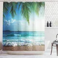 Produktbild: ABAKUHAUS Ozean Duschvorhang, Palmen Tropische Insel, mit 12 Ringe Set Stielvoll Modern, 175x200 cm, Blau und Grün