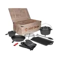 Produktbild: TP Premium BBQ Set, Dutch Oven 9-teilig, Feuer-Topf, Bräter, Brat-Pfanne aus Gusseisen, Kessel und Grill-Zubehör ideal für Lagerfeuer, Outdoor und Camping, Geschenk-Set mit Holzkiste