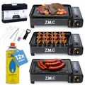 Produktbild: Z.M.C 2-in-1 tragbarer Campingkocher und Gasgrill Klein inkl. Grillzubehör Set und Koffer + 12x Gaskartuschen 227g, Balkon Tischgrill Gaskocher 2,2 kW mit LPG-Anschluss für Camping, Outdoor und indoor