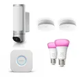 Produktbild: Bosch Smart Home Eyes Außenkamera II mit 2x Rauchwarnmelder II & Philips Hue 2x Amb. E27 mit Bridge V2 KV01-1L5+KV01-1L3+5C02-08J+5C02-050