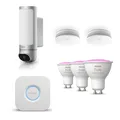 Produktbild: Bosch Smart Home Eyes Außenkamera II + 2x Rauchwarnmelder II & Philips Hue 3x Amb. GU10 + Bridge V2 KV01-1L5+KV01-1L4+5C02-08J+5C02-050