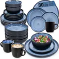 Produktbild: SÄNGER Aruba | Kombiservice 6 Personen, Teller Set Kaffeebecher Pastaschale 30 tlg, Steingut Geschirr Set spülmaschinen- mikrowellen- kratzfest, Geschirrset blau mit schwarzem Rand | VALUE COLLECTION