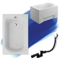 Produktbild: BADLAND Badewanne Original Weiß Acryl Wanne Rechteck MINI 110x70 KOMPLETTSET SET mit Weiß Acrylschürze + Füßen und Exklusive Chrom Automatik Ablaufgarnitur Made in EU 4in1