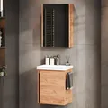 Produktbild: Planetmöbel Waschtisch mit Unterschrank 50 cm inkl. Spiegelschrank 50cm, Badmöbel Set mit Waschbecken, hängend, Gold Eiche
