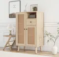 Produktbild: Merax Kommode Highboard mit 2 Türen Rattangeflecht und Schublade, Sideboard aus Holz, Anrichte Stehschrank, 60x40x101cm, Eiche